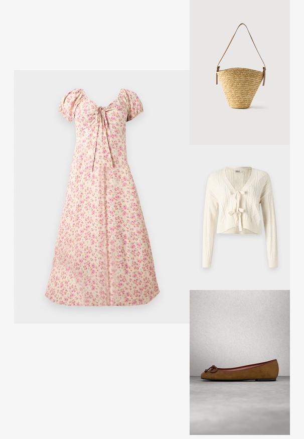 Cardigan court en tricot couleur écru, avec un col en V, des motifs en câble et une fermeture à nouer à l'avant. Texture douce avec des manches longues.; Robe midi crème avec manches bouffantes, imprimé floral rose, buste froncé et détail noué au centre avant.; Ballerine en suède marron avec un bout arrondi, présentant un détail noué à l'avant, un fin liseré rouge et une semelle plate noire.; Sac seau en paille tissée avec une base large, un sommet étroit et une bandoulière en cuir marron ajustable.