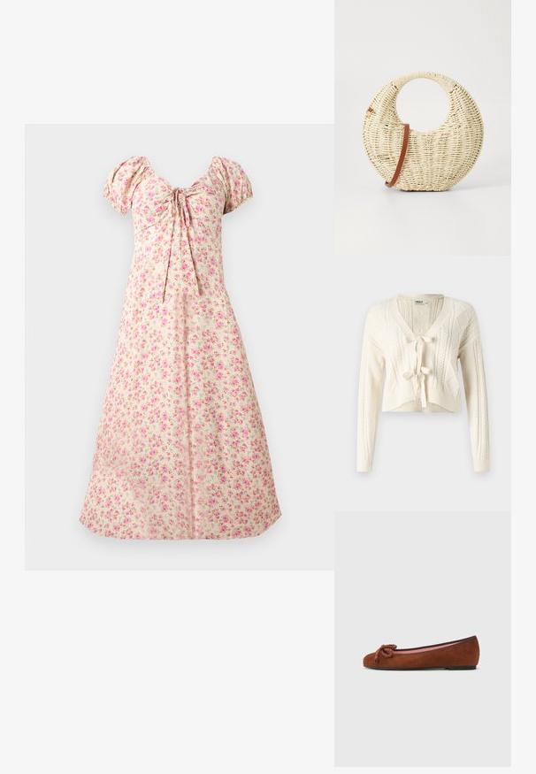 Strik en kort cardigan i off-white, med V-hals, kabelmønstre og frontlukning med knude. Blød tekstur med lange ærmer.; Creme midi-kjole med puffede ærmer, pink blomsterprint, rynket balkonette og bindedetalje foran i midten.; Brune ruskind balletflats med rund tå, forsynet med en dekorativ knude foran og en kontrasterende pink indersål. Flad sål.; Rund flettet taske i naturligt strå med en tekstureret overflade. Har en glat brun læderrem og et cirkulært håndtag.