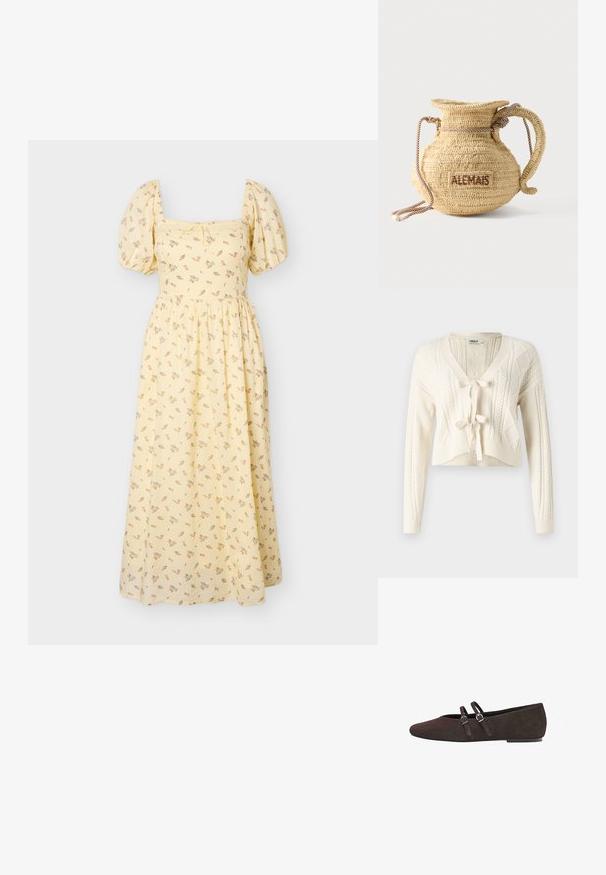 Cardigan court en tricot couleur écru, avec un col en V, des motifs en câble et une fermeture à nouer à l'avant. Texture douce avec des manches longues.; Robe midi jaune avec manches bouffantes, encolure carrée, imprimé floral délicat et taille froncée.; Chaussure plate en daim marron avec un bout pointu. Présente deux fines sangles avec des boucles en argent pour une touche de design. Talon bas et stable.; Sac à main rond en paille tissée avec une anse en corde et "ALEMAIS" brodé sur le côté en fil marron.