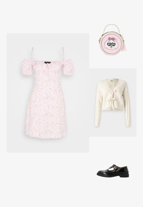 Gehaakte cropped cardigan in gebroken wit, met een V-hals, kabelpatronen en een sluiting met een strik aan de voorkant. Zachte textuur met lange mouwen.; Even&Odd by Zalando Jurk - off-white/pink; Zwarte leren Mary Jane-schoen met een T-strap, zilveren sluiting, ronde neus en een lage zool. Gladde textuur met een gepolijste afwerking.; Ronde roze handtas met een wit en roze hondengezicht met glinsterstrik en hartvormige bril, een bovenhandvat en een zijkant tassel ritsluiting.
