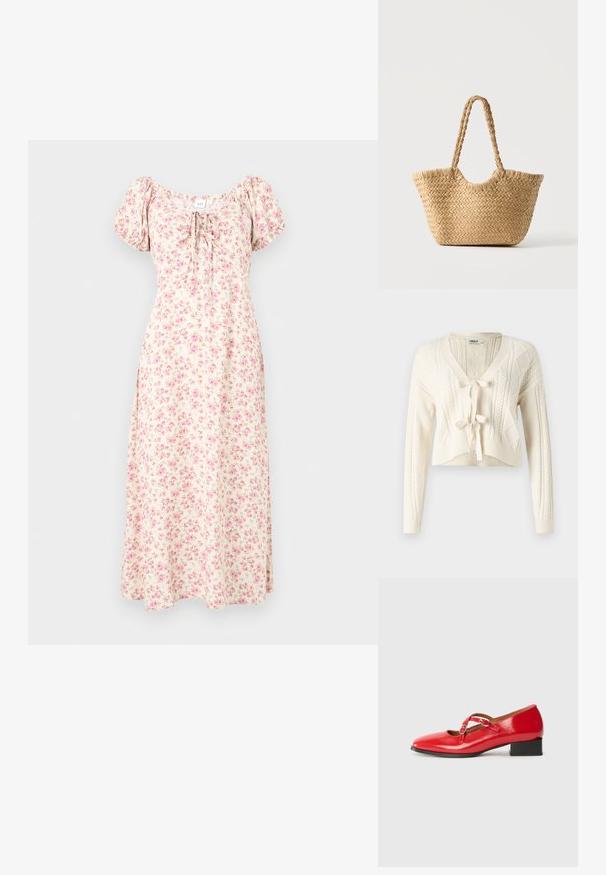 Strik en kort cardigan i off-white, med V-hals, kabelmønstre og frontlukning med knude. Blød tekstur med lange ærmer.; Creme midi-kjole med pink blomstermønster, puff ærmer, firkantet udskæring og bindedetalje foran.; Røde lakerede Mary Jane-sko med firkantet tå, to justerbare spænder, lille sort blokhæls og glat tekstur.; Vævet stråtaske med bred bund, flettede håndtag og naturlig beige farve på ensfarvet hvid baggrund.