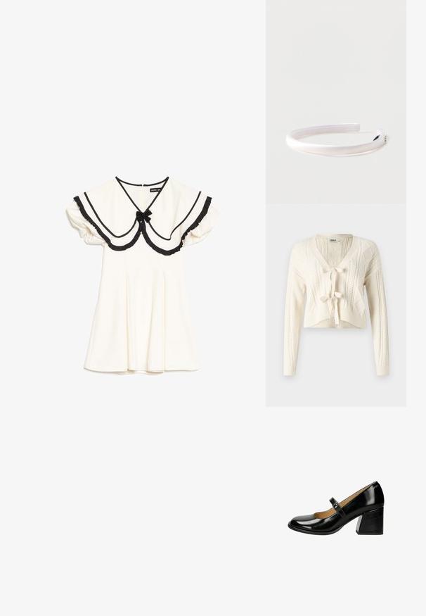Πλεκτό cropped cardigan σε ανοιχτό λευκό, με V-λαιμόκοψη, σχέδια κασμά και κλείσιμο με κορδόνι μπροστά. Μαλακή υφή με μακριά μανίκια.; Κρεμ φόρεμα με υπερμεγέθη γιακά με μαύρο περίγραμμα, μαύρες βολάν στις άκρες, φουσκωτά κοντά μανίκια και μικρό μαύρο φιόγκο στο λαιμό.; Μαύρο παπούτσι Mary Jane από λουστρίνι με χοντρό τακούνι και ρυθμιζόμενο λουράκι με αγκράφα, εμφανιζόμενο σε πλευρικό προφίλ σε λευκό φόντο.; Λευκή μαλακή σατέν κορδέλα για το κεφάλι με μικρές στρας λεπτομέρειες στη μία άκρη, πάνω σε απλό ανοιχτό φόντο.