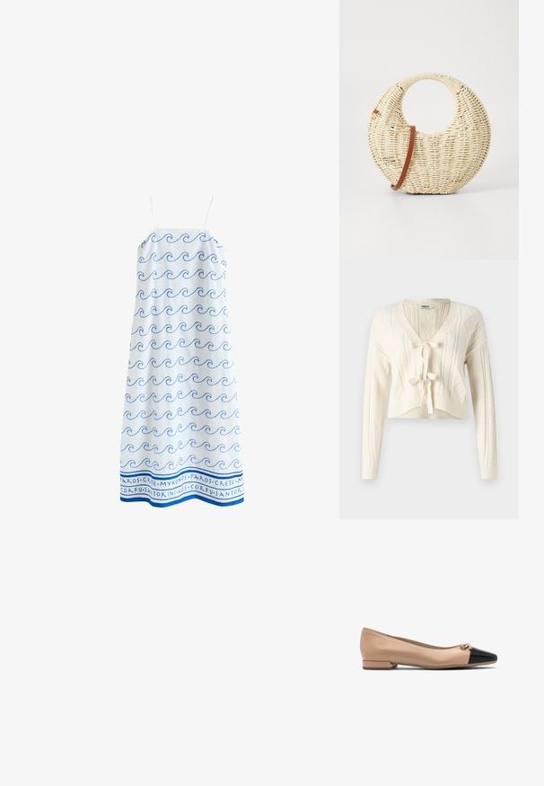 Strik en kort cardigan i off-white, med V-hals, kabelmønstre og frontlukning med knude. Blød tekstur med lange ærmer.; Hvid sommerkjole med tynde stropper, blåt bølgemønster og navne på græske øer skrevet med blåt langs sømmen.; Beige læder balletflade med en sort kappe og lille sløjfe detalje foran, med en lav blokhælcirkler for støtte.; Rund flettet taske i naturligt strå med en tekstureret overflade. Har en glat brun læderrem og et cirkulært håndtag.