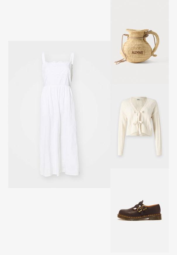 Cardigan court en tricot couleur écru, avec un col en V, des motifs en câble et une fermeture à nouer à l'avant. Texture douce avec des manches longues.; Robe en coton blanc avec des bretelles spaghetti ajustables, ornée de détails en dentelle à l'encolure, et une jupe fluide et froncée.; Chaussure Mary Jane en cuir marron foncé avec deux boucles dorées, motif perforé sur l’avant, et semelle épaisse translucide avec coutures jaunes.; Sac à main rond en paille tissée avec une anse en corde et "ALEMAIS" brodé sur le côté en fil marron.
