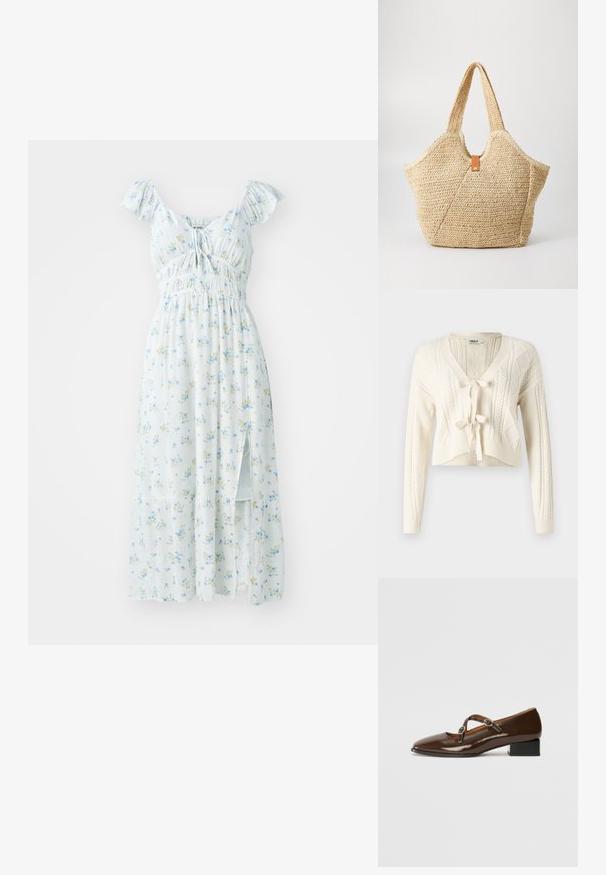 Strik en kort cardigan i off-white, med V-hals, kabelmønstre og frontlukning med knude. Blød tekstur med lange ærmer.; Lyseblå blomster-maksikjole med korte flæser på ærmerne, smocket bodice og sideslids. Har små grønne og gule blomstermønstre.; Brune patentlæder Mary Jane sko med firkantet tå, to justerbare stropper prydet med runde metalspænder og en lav blokhæl.; Stor stråtask med en tekstureret, beige yderside og to brede håndtag. Har et læderbånd som lukning.