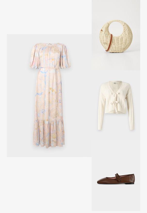 Strik en kort cardigan i off-white, med V-hals, kabelmønstre og frontlukning med knude. Blød tekstur med lange ærmer.; Maxikjole i blødt stof med puffærmer, en sammensamlet halsudskæring, pastelfarvede blomsterprint og en bølget kant. Med bånd langs taljen.; Brun flad Mary Jane-sko i læder med rund spænde og sort sål på en lysegrå baggrund.; Rund flettet taske i naturligt strå med en tekstureret overflade. Har en glat brun læderrem og et cirkulært håndtag.