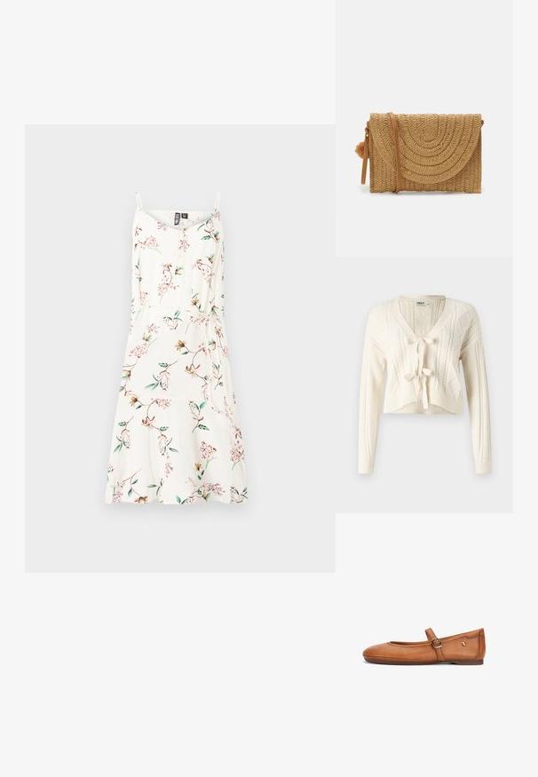 Gehaakte cropped cardigan in gebroken wit, met een V-hals, kabelpatronen en een sluiting met een strik aan de voorkant. Zachte textuur met lange mouwen.; Bloemige zomerjurk met dunne bandjes, van crèmekleurige stof met een verspreid bloemenpatroon en groene bladeren. Vloeiende A-lijn vorm.; Bruine leren Mary Jane platte schoen met verstelbare gespband en lage hak, zijaanzicht op een witte achtergrond.; Gehaakte strohandtas in beige, met een gebogen flap en een textuurontwerp, inclusief een afneembare schouderband en een pomponaccent.