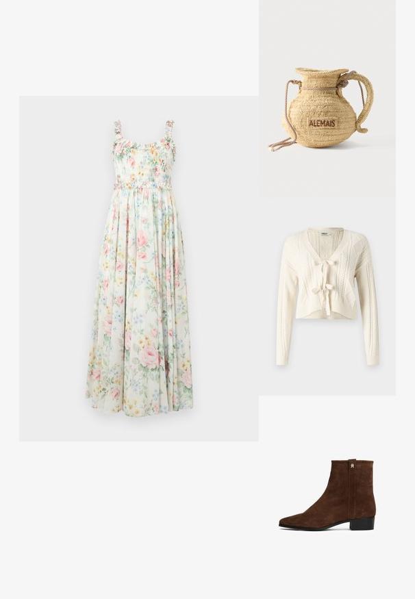 Strik en kort cardigan i off-white, med V-hals, kabelmønstre og frontlukning med knude. Blød tekstur med lange ærmer.; Blomstrete maxikjole med smocket liv, frynset skulderstropper og pastellroser og blå blomstermønstre på en lys baggrund.; Brune ruskindsankelstøvler med lav sort hæl og et lille metallisk logo nær toppen på ydersiden.; Rund flettet stråtaske med håndtag af reb og "ALEMAIS" broderet på siden med brunt garn.