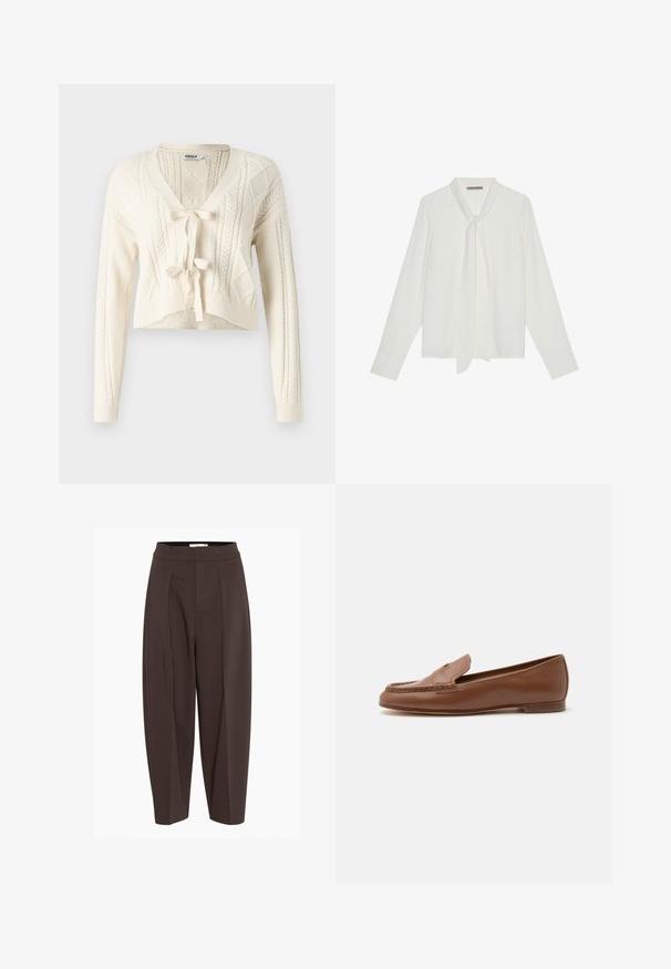 Pletený krátky kardigan v off-white farbe, s výstrihom do V, vzorom z copánkov a predným viazaním. Mäkka textúra s dlhými rukávmi.; Biele blúzkové tričko s dlhými rukávmi vyrobené z hladkej tkaniny, s viazaním na krku a prispôsobenými manžetami. Jednoduchý, klasický design bez vzorov.; Hnedé plisované nohavice s vysokým pásom, vyrobené z hladkej, štruktúrovanej látky a so zúženými nohavicami, ktoré ponúkajú uvoľnený strih.; Klasická hnedá kožená mokasína s nízkym podpätkom a prešitým detailom na prednej časti, zobrazená v bočnom profile na bielom pozadí.
