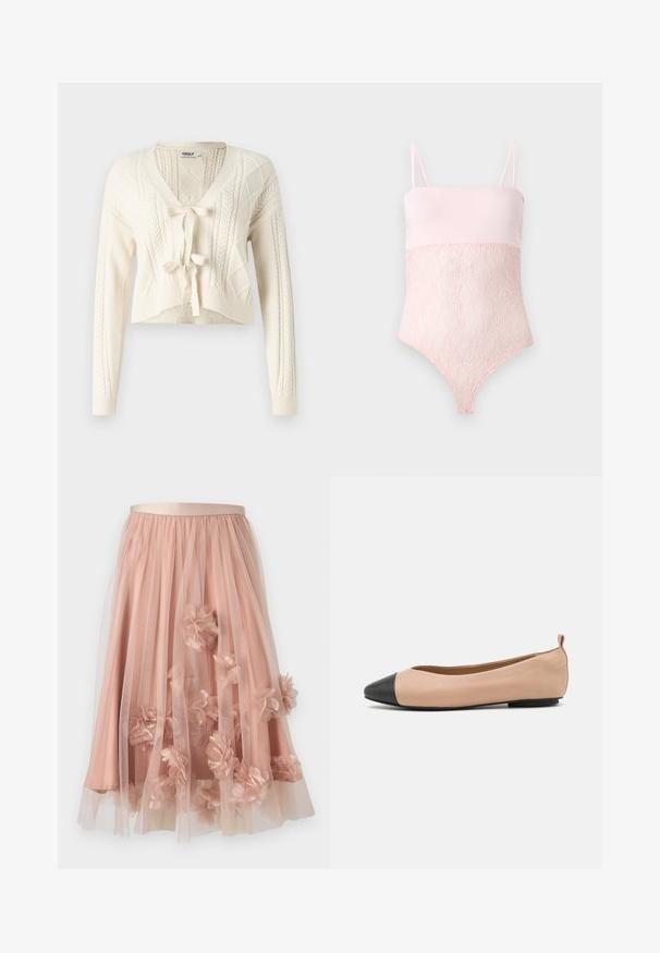 Strik en kort cardigan i off-white, med V-hals, kabelmønstre og frontlukning med knude. Blød tekstur med lange ærmer.; Lyserød blondebody med spaghettistropper og en glat topsektion mod en ensfarvet lys baggrund.; Tylskørt i blød lyserød med satinbånd i taljen. Har lag af gennemsigtigt stof og tredimensionelle blomsterapplikationer over det hele.; Læderballetflade med en nude farve og sort tætsko. Har et minimalistisk design, glat tekstur og en lille bagløkke for nem påføring.