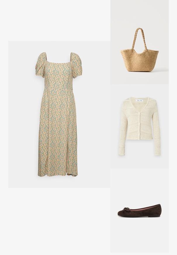 Gebreide cardigan in beige met een V-hals, lange mouwen en een sluiting met vijf knopen. Kenmerkt zich door een textuurpatroon en een cropped ontwerp.; Even&Odd Jurk - green/pink; Pretty Ballerinas Ballerina's - brown; Gevlochten strooien tote tas met brede bodem, gevlochten handvatten en natuurlijke beige kleur op een effen witte achtergrond.