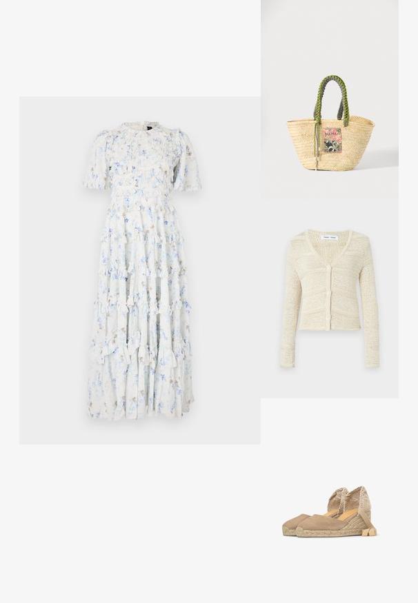 Cardigan en tricot beige avec un col en V, des manches longues et une fermeture à cinq boutons. Présente un motif texturé et une coupe raccourcie.; Robe maxi en tissu bleu clair avec des motifs floraux, présentant des volants, des manches courtes et un col rond.; Chaussures espadrilles à compensée en toile beige avec semelles en corde tressée et liens à nouer autour de la cheville, vues de profil sur fond blanc.; Sac cabas en paille beige tissée avec des poignées tressées vertes et noires et un patch rectangulaire coloré à l'avant.