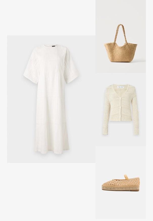 Strikket cardigan i beige med V-hals, lange ærmer og fem-knaps lukning. Har et tekstureret mønster og cropped design.; Hvid bomulds kjole med rund halsudskæring, korte ærmer, teksturerede mønstre og et lagdelt design med blondekant ved kanten.; Loeffler Randall KAYLA - Espadrilles - natural; Vævet stråtaske med bred bund, flettede håndtag og naturlig beige farve på ensfarvet hvid baggrund.