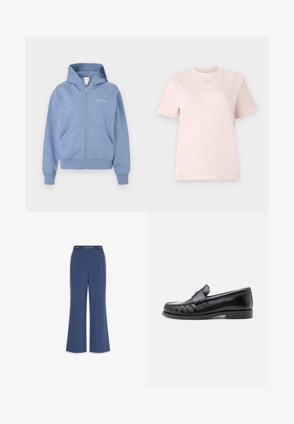 Modrá mikina na zips vyrobená z mäkkého materiálu, s kapucňou, prednými vreckami a vyšívaným logom. Štandardný strih s rebrovanými manžetami a lemom.; Svetloružové bavlnené tričko s okrúhlym výstrihom, krátkymi rukávmi a malým logom "Calvin Klein" natlačeným v zodpovedajúcej farbe na hrudi.; Námornícky široké nohavice vyrobené z mäkkého materiálu s hladkou textúrou. Obsahujú elastický pás so značkou "Calvin Klein" pozdĺž vrchu.; Čierne kožené mokasíny s okrúhlou špičkou, výrazným prešívaním a ozdobným pásikom cez priehlavok. Hladký povrch a nízky opätok.