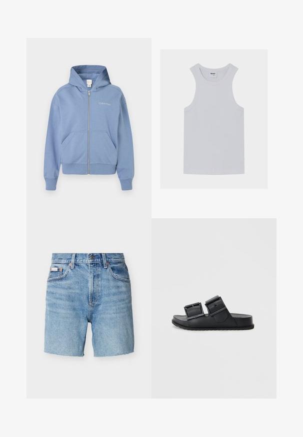 Blå zip-hoodie lavet af blød stof, med hætte, forlommer og broderet logo. Standard pasform med ribbede manchetter og kant.; Hvid ribbet tanktop med rund halsudskæring og brede skulderstropper, mærkelabel "DAY" syet ind i kraven.; Lyseblå denimshorts med knap- og lynlås lukning, bæltestropper, forlommer og et lille mærke på venstre lomme.; Sorte klipklappere lavet af tekstureret materiale med to justerbare remme med spænder. Flad sål med et mønstrede dæk for godt greb.
