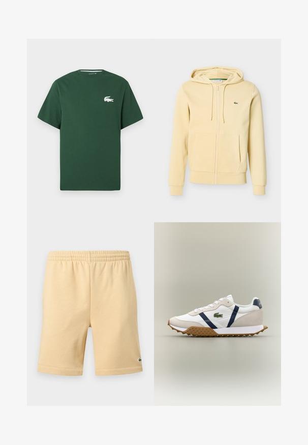 Svetlo béžová mikina na zips s prednými vreckami, kapucňou so šnúrkami, rebrovanými manžetami a malým zeleným logom krokodíla Lacoste na hrudi.; Zelené bavlnené tričko s krátkymi rukávmi, okrúhlym výstrihom a bielym logom krokodíla na ľavej hrudi. Hladká textúra, neformálny dizajn.; Béžové voľnočasové šortky s elastickým pásom a malým vyšívaným zeleným logom na spodnej pravej nohe.; Biele tenisky s béžovými semišovými akcentmi a námorníckymi pruhmi. Majú textúrovanú gumenú podrážku a malé zelené logo krokodíla na boku.
