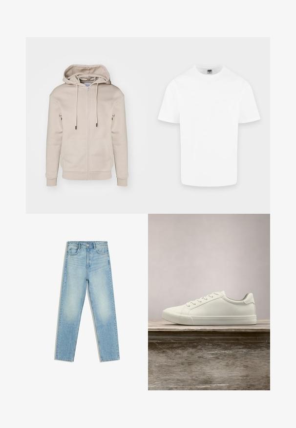 Beige zip-up hoodie lavet af blødt stof med hætte der kan justeres, frontlommer og ribbede manchetter og kant. Glat tekstur og minimalistisk design.; Enkelt hvid kortærmet T-shirt med rund hals i bomuld vist på en lys grå baggrund.; Lyseblå jeans med høj talje, lige ben, for- og baglommer og knaplukning på hvid baggrund.; Hvide snørresneakers svævende over en træbænk med grønne planter i baggrunden, der fremhæver skodesign og tekstur.