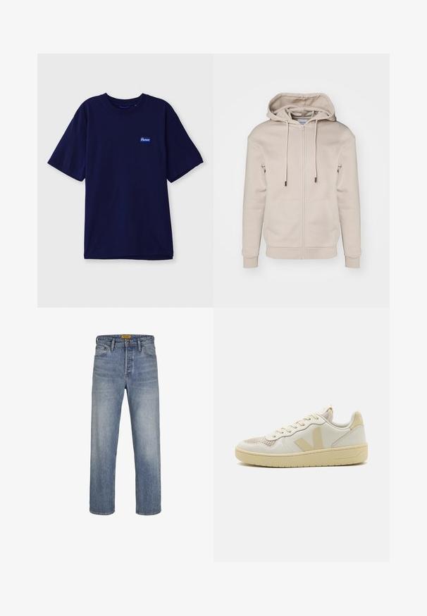 Beige zip-up hoodie lavet af blødt stof med hætte der kan justeres, frontlommer og ribbede manchetter og kant. Glat tekstur og minimalistisk design.; Marineblå bomulds-t-shirt med rund hals, korte ærmer og et lille rektangulært mærke i blå og hvid på venstre bryst.; Lys blå lige ben jeans lavet af denim, med en falmet vask, fem lomme-design, bæltestropper og lynlås med knaplukning.; Beige sneakers med en struktureret mesh tåhætte, glat læderoverdel og kontrasterende logo accenter. Flad gummisål med et elegant design.