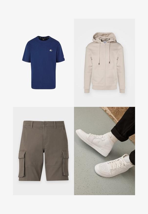 Beige tõmblukuga kapuutsiga bluus, mis on valmistatud pehmest kangast, esiosal on taskud ja ribikudumine varrukatel ja alläärel. Sile tekstuur ja minimaalne disain.; Tumed sinine T-särk, mis on valmistatud puuvillast; lühikesed varrukad; ringkaelus; vasakpoolsel rinnal on väike logo ja varrukal aksent.; Khaki värvi cargo-stiilis lühikesed püksid, millel on nööpidega sulgumine, vööaasad, küljetaskud ja suured sangaga taskud mõlemal reiel, kujutatud lihtsal taustal.; Valged kõrged spordijalatsid sujuvast nahast, millel on perforatsioonidega varvas, paeltega sulgemine ja diskreetne logodetail küljel. Tekstuuriga kummitald.