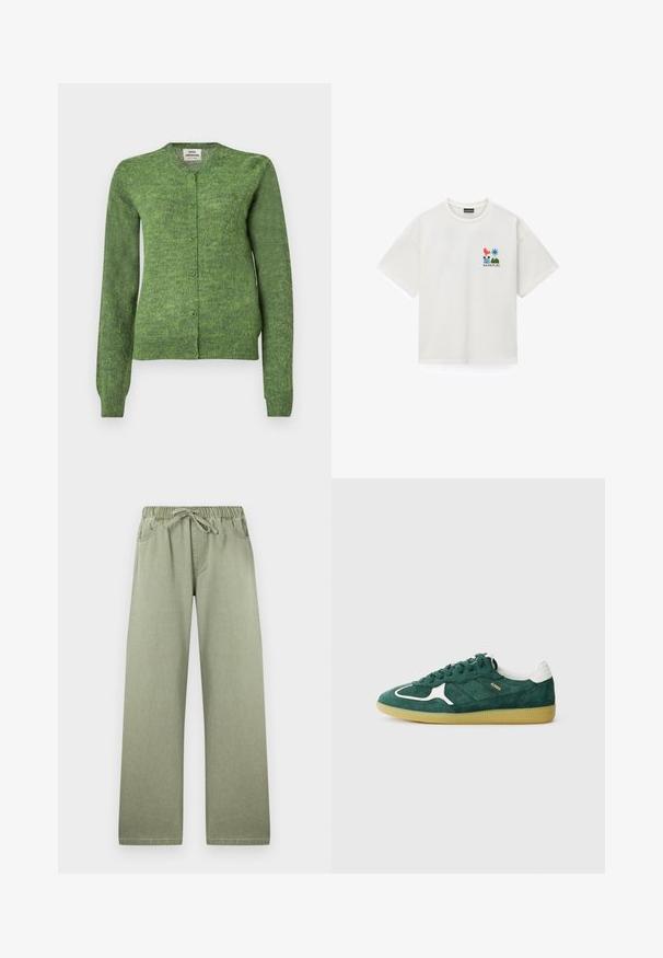 Cardigan en maille verte avec un col rond, des manches longues et une fermeture boutonnée sur le devant. Tissu texturé avec une coupe légèrement ample.; T-shirt blanc à manches courtes avec un petit graphisme coloré d’un oiseau rouge, du soleil, d’une fleur et d’une tente au-dessus du mot Napapijri sur la poitrine gauche.; Pantalon vert clair à jambes larges avec taille élastique et cordon de serrage, poches avant et détails de couture subtils.; Baskets en suede vert avec des accents blancs, des détails perforés et une semelle en caoutchouc texturé. Présente des lacets ronds et un talon rembourré.