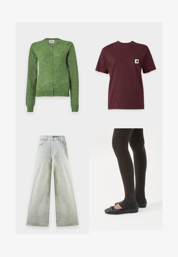 Cardigan en maille verte avec un col rond, des manches longues et une fermeture boutonnée sur le devant. Tissu texturé avec une coupe légèrement ample.; T-shirt bordeaux foncé à manches courtes avec col rond et petite écusson logo carré sur la poche poitrine gauche.; Jean en denim à taille haute, coupe large et lavage clair, doté de poches avant, passants pour ceinture et une fermeture par bouton brun à la taille.; Jambes portant des leggings côtelés foncés associés à des ballerines noires avec de petits détails en nœud sur fond blanc.