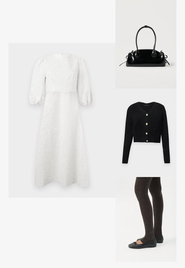 Cardigan noir court en tricot texturé, avec un col en V, des manches longues et six boutons dorés sur le devant.; Robe blanche avec des rayures noires verticales et diagonales, encolure ronde et manches courtes bouffantes, fabriquée dans un tissu léger et lisse.; Jambes portant des leggings côtelés foncés associés à des ballerines noires avec de petits détails en nœud sur fond blanc.; Petit sac à main noir brillant avec deux longues anses et des détails à cordon sur les côtés sur un fond clair uni.