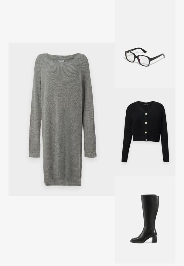 Sort cropped cardigan lavet af struktureret strikstof, med V-hals, lange ærmer og seks guldtonede knapper ned foran.; Grå strikket sweaterkjole med lange ærmer, ribbede manchetter, rund halsudskæring og sideslidser for nem bevægelse. Tekstureret stof.; Sort knæhøj læderstøvle med blokhæl og rundet tå, vist fra siden på en ensfarvet baggrund.; Sorte rektangulære briller med klare linser, der har afrundede kanter og sideaccenter, med en blank finish på stellet og arme.