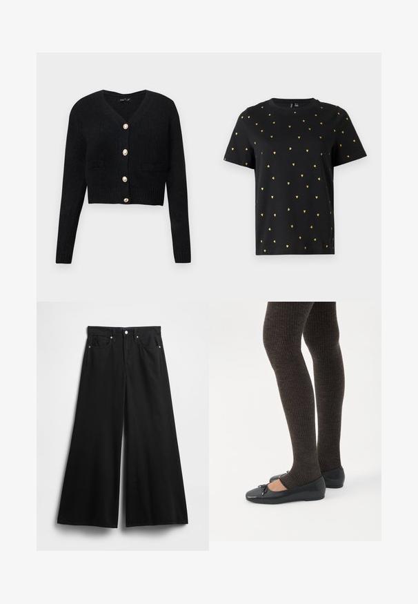 Sort cropped cardigan lavet af struktureret strikstof, med V-hals, lange ærmer og seks guldtonede knapper ned foran.; Sort T-shirt med korte ærmer lavet af bomuld, prydet med små guld hjerter, der er jævnt fordelt over stoffet. Rund halsudskæring.; Sorte denimbukser med vide ben, højtaljede, fem lommer, forreste knaplukning og en blød, glat tekstur.; Ben iført mørke ribbede leggings kombineret med sorte balletsko med små sløjfedetaljer på hvid baggrund.