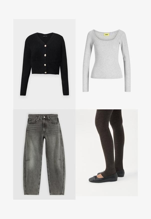 Zwart cropped cardigan gemaakt van gestructureerde brei stof, met een V-hals, lange mouwen en zes goudkleurige knopen aan de voorkant.; Lichtgrijs, nauwsluitend shirt met lange mouwen, brede ronde halslijn en een geel merklabel "JJXX" genaaid aan de binnenkant van de kraag.; Hoge taille grijs gewassen denim jeans met vijf zakken, knoopsluiting en een ontspannen rechte pasvorm.; Benen met donkere geribbelde leggings gecombineerd met zwarte ballerina's met kleine strikdetails op een witte achtergrond.