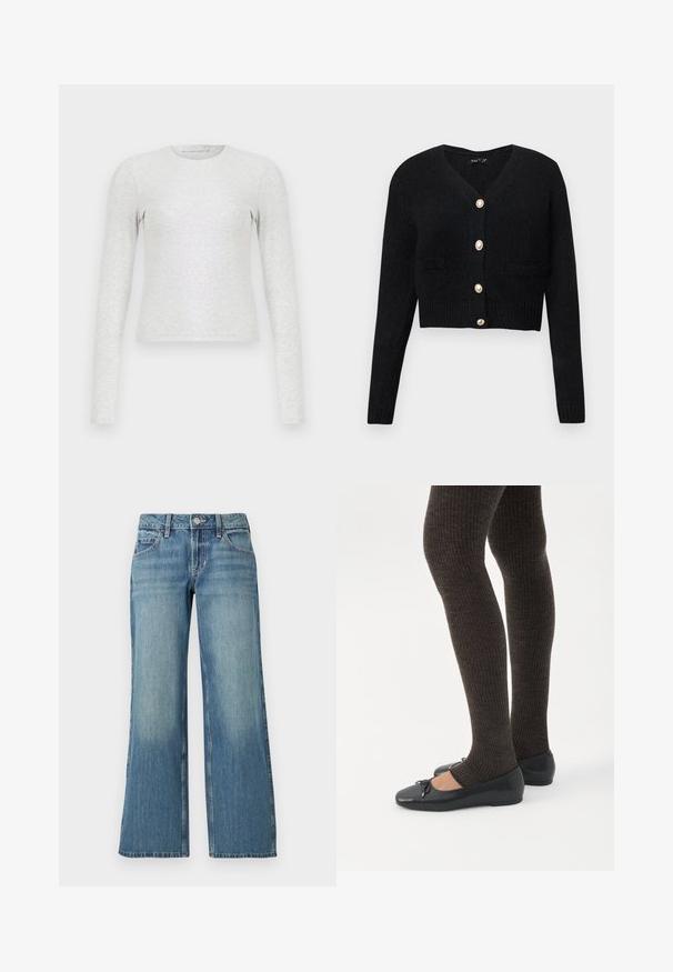 Cardigan noir court en tricot texturé, avec un col en V, des manches longues et six boutons dorés sur le devant.; T-shirt gris à manches longues en tissu doux et extensible. Présente un col rond et une coupe ajustée. Texture lisse sans motifs.; Jean en denim bleu clair à coupe large, avec une taille mi-haute, des poches avant et un léger délavage, affichant une texture lisse.; Jambes portant des leggings côtelés foncés associés à des ballerines noires avec de petits détails en nœud sur fond blanc.