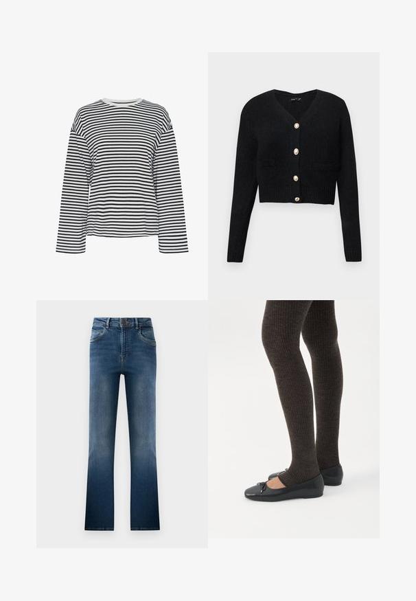 Cardigan noir court en tricot texturé, avec un col en V, des manches longues et six boutons dorés sur le devant.; Chemise à manches longues rayée noir et blanc avec un col rond. Tissu doux, coupe décontractée et accents de col contrastants.; Jean flare en denim bleu foncé, avec un aspect délavé, cinq poches et passants de ceinture. Design classique avec une fermeture à bouton à l'avant.; Jambes portant des leggings côtelés foncés associés à des ballerines noires avec de petits détails en nœud sur fond blanc.