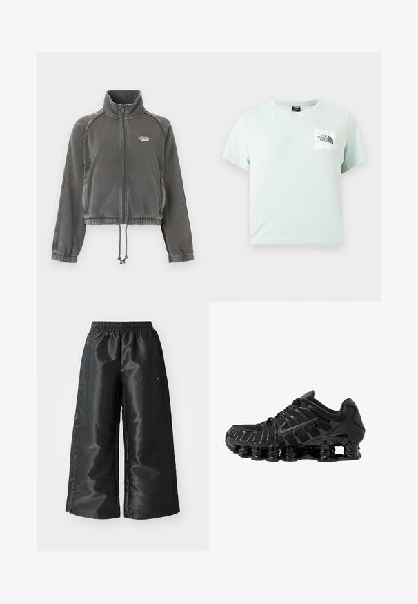 Mørkegrå fleecejakke med lynlås, høj krave, elastiske manchetter, snøre i livet og lille hvidt logo på venstre bryst.; Lysegrøn T-shirt med korte ærmer, rund hals og The North Face-logo i hvidt og sort på venstre bryst.; Sorte sportsbukser i et blankt, glat stof med en elastisk talje, brede ben og et lille logo på venstre side.; Sort atletisk sko med mesh-overdel og glatte overlays. Har buet spiralbøsningsdæmpning og strukturerede linjer på siden. Nike-logoet er synligt.