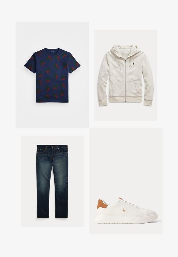 Helehall zip-up dressipluus pehmest kangast, koos konnakotiga, nööriga kapuutsiga ja väikese musta logoga vasakul rinnal.; Tumesinine puuvillane t-särk, millel on korduv mustri punaste ja roheliste tiibadega kujundid. Omab ümarat kaela ja lühikesi varrukaid.; Tumesinised teksapüksid sirge säärega, kerge pleekimisega põlvede kohal ning oranžid õmbluse aksendid taskutel ja õmblustel.; Valged madala säärega tossud, pruun kannaosa, valged paelad ja väike tikandiga polo mängija logo külje peal paksu taldmiku kohal.