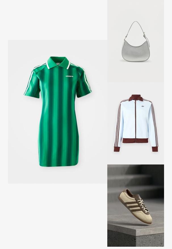 Veste zippée bleu clair avec col, poignets et ourlet marron, ainsi que trois rayures marron sur chaque manche, ornée d'un petit logo marron sur la poitrine.; Robe polo à rayures vertes en tissu lisse. Dotée d'un col, de manches courtes et du logo Adidas blanc. Rayures verticales de teintes variées.; Baskets tissées beige et marron avec trois bandes et lacets blancs, flottant au-dessus d'un rebord en béton avec des escaliers en arrière-plan.; Sac à main en simili cuir argenté avec une forme incurvée, une courte bandoulière ajustable et une texture lisse, présentant un minimum de détails de couture.