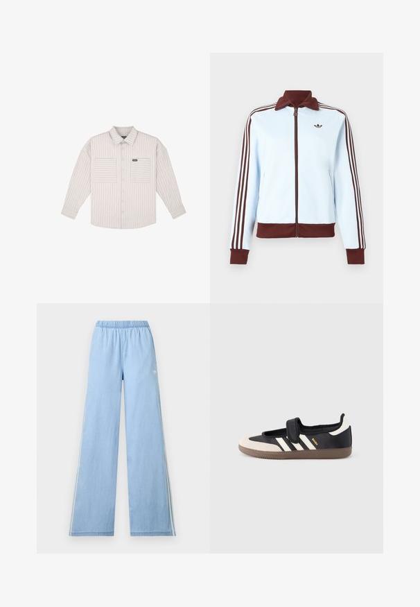 Veste zippée bleu clair avec col, poignets et ourlet marron, ainsi que trois rayures marron sur chaque manche, ornée d'un petit logo marron sur la poitrine.; Chemise boutonnée à manches longues de couleur gris clair avec des rayures verticales. Équipée de poches poitrine et d'un col classique. Tissu doux avec une coupe décontractée.; Pantalon large bleu clair avec taille élastique et logo Adidas blanc discret sur le côté gauche.; Baskets noires et beiges avec une bride en velcro, trois bandes blanches sur le côté, et une semelle en caoutchouc marron texturée. Logo de la marque visible.