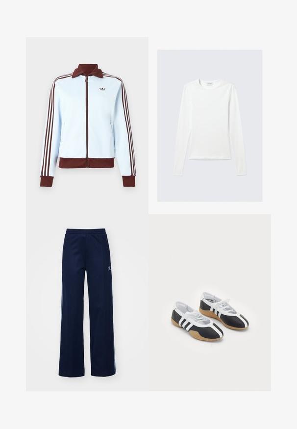 Chaqueta azul claro con cremallera, con cuello, puños y dobladillo marrones, y tres franjas marrones en cada manga, con un pequeño logo marrón en el pecho.; Camiseta blanca lisa de manga larga con cuello redondo y corte ajustado, mostrada sobre un fondo gris claro.; Pantalones de chándal de mezcla de algodón en color marino con diseño de pierna ancha, cinturilla elástica y bolsillos con cremallera, con franjas laterales blancas y detalle de logotipo.; Zapatillas deportivas en blanco y negro con un diseño elegante, suela de goma, cierre de cordones y tres franjas blancas en los lados.