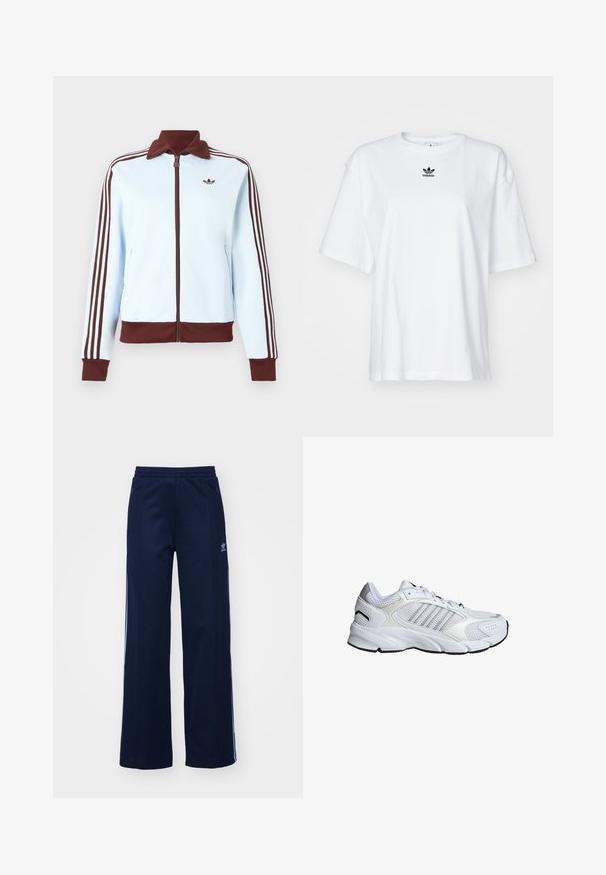 Lyseblå lynlåstrøje med brun krave, manchetter, kant og tre brune striber ned ad hver ærme, med en lille brun logo på brystet.; Hvid kortærmet t-shirt lavet af bomuld. Har en rund halsudskæring og et lille sort Adidas-logo på brystet. Lige skåret kant.; Marineblå bomuldsblandede træningsbukser med bred benstil, elastisk talje og lynlåslommer, prydet med hvide sideordner og logo-detalje.; Hvide sportsko i åndbart mesh og syntetiske materialer, med tre sølvstriber, struktureret gummisål og polstret krave.