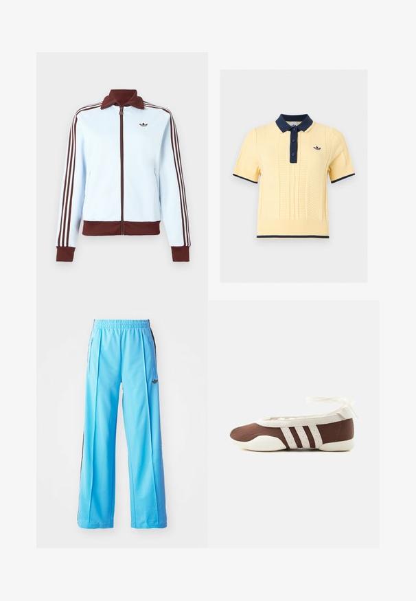 Veste zippée bleu clair avec col, poignets et ourlet marron, ainsi que trois rayures marron sur chaque manche, ornée d'un petit logo marron sur la poitrine.; Polo en maille jaune à manches courtes avec col bleu marine, patte de boutonnage, poignets, finition ourlet et petit logo brodé sur la poitrine.; Pantalons de sport bleu clair avec une taille élastique, des zips latéraux et des accents noirs sur les côtés. Tissu doux avec un design ample et large.; Chaussure plate de ballet marron et blanche avec trois bandes blanches et un nœud à nouer à la cheville sur un fond clair uni.