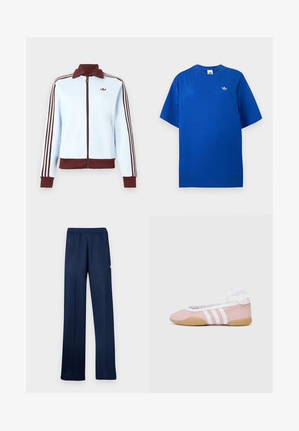 Chaqueta azul claro con cremallera, con cuello, puños y dobladillo marrones, y tres franjas marrones en cada manga, con un pequeño logo marrón en el pecho.; Camiseta Adidas azul de manga corta con cuello redondo y pequeño logo blanco de trébol Adidas en el pecho izquierdo.; Pantalones deportivos azul marino con cinturilla elástica, bolsillos laterales con cremallera, corte recto y pequeño logo blanco en el muslo derecho.; adidas Originals TAEKWONDO MEI BALLET - Zapatillas - clear pink/ftwr white/gum