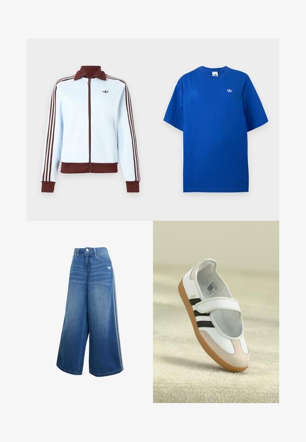 Veste zippée bleu clair avec col, poignets et ourlet marron, ainsi que trois rayures marron sur chaque manche, ornée d'un petit logo marron sur la poitrine.; T-shirt Adidas bleu à manches courtes et col rond avec un petit logo blanc trefoil Adidas sur la poitrine gauche.; Jeans en denim à jambes larges de couleur bleu moyen, dotés d'une taille haute, de détails de couture subtils et d'un petit logo blanc à l'avant.; Chaussure blanche avec un embout en daim rose, des rayures noires et une sangle Velcro. Dispose d'une semelle en caoutchouc brun et d'un logo sur le côté.