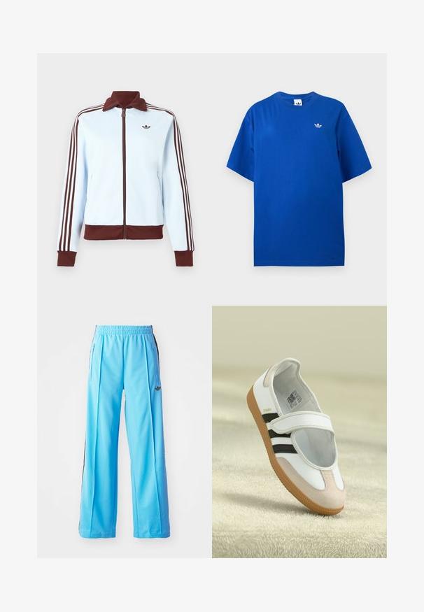 Lyseblå lynlåstrøje med brun krave, manchetter, kant og tre brune striber ned ad hver ærme, med en lille brun logo på brystet.; Blå Adidas T-shirt med korte ærmer og rund halsudskæring med lille hvid Adidas trefoil-logo på venstre bryst.; Lysblå træningsbukser med elastisk talje, sidelommer med lynlås og sorte sideaccenter. Blødt stof med en løs design i bred ben.; Hvid sko med en lyserød ruskindforfod, sorte striber og en velcrorem. Har en lys gummi sål og et logo på siden.