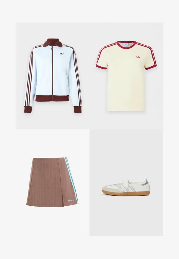 Lichtblauwe jas met ritssluiting, bruine kraag, manchetten en zoom, en drie bruine strepen langs elke mouw, met een klein bruin logo op de borst.; Crèmewit Adidas T-shirt met korte mouwen, rode geribbelde kraag, mouwuiteinden, drie rode strepen op de schouders en een rood Adidas trefoil-logo op de borst.; Bruine geplooide skort met blauwe zijstrepen en logo. Kenmerkt zich door een strakke uitstraling, subtiele textuur en een rechte zoom.; Witte sneaker met zilveren strepen, suède neuskap en klittenbandsluiting. Texturen gumrubberen zool. Minimalistisch ontwerp met een gladde afwerking.