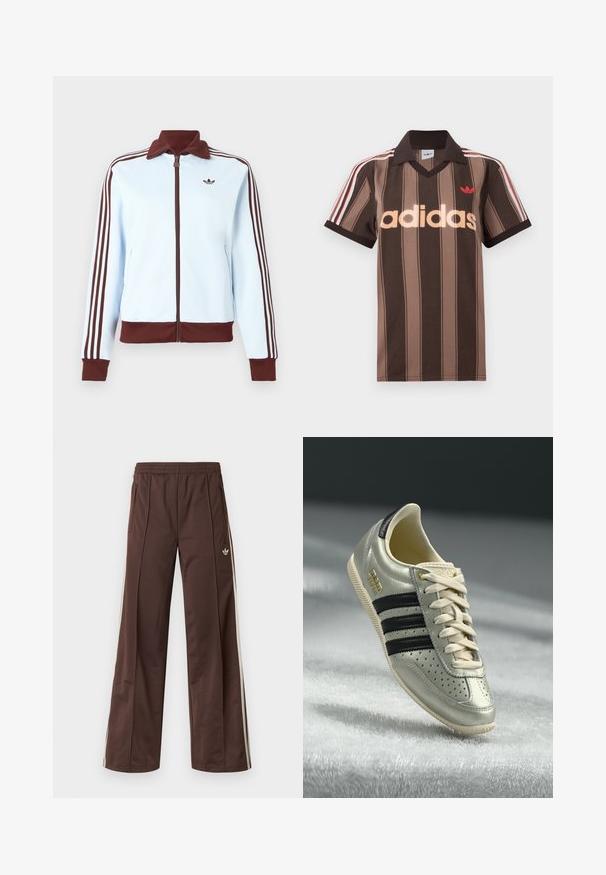 Helesinine lukuga jakk, millel on pruun krae, varrukapöörded, ääris ning kolm pruuni triipu iga varruka peal, rinnal väike pruun logo.; Pruunide triipudega Adidas polotee, V-kaelusega, bordeau krae ja punase logoga. Omad valge ja punase triibuga õlad ning lühikesed varrukad.; Pruunid sportpüksid laiade säärtega, valgete küljeribadega, elastse vöökohaga ja kahe küljetaskuga. Jalal on väike logo.; Helehallid nahast tossud mustade triipudega, perforatsioonide detailidega, beežide nööpidega ja kuldse logotäpiga. Tekstuuriga kummitald.