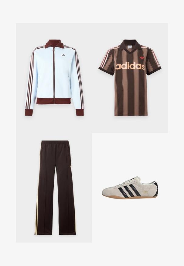 Lichtblauwe jas met ritssluiting, bruine kraag, manchetten en zoom, en drie bruine strepen langs elke mouw, met een klein bruin logo op de borst.; Bruine gestreepte Adidas polo met V-hals, bordeauxrode kraag en rood logo. Heeft witte en rode schouderstrepen, korte mouwen.; Zwarte trainingsbroek met gele zijstrepen, elastische tailleband, ritszakken aan de zijkant en een klein logo op het bovenbeen.; Suède sneaker met een grijze bovenkant, zwarte strepen en een gumrubberen zool. Kenmerkt een vetersluiting en een gouden logo-detail aan de zijkant.