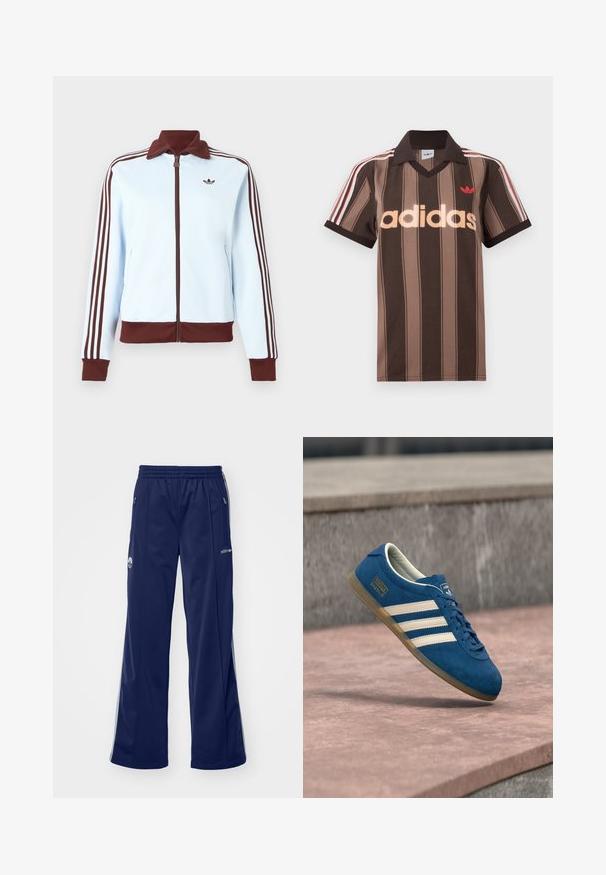 Lichtblauwe jas met ritssluiting, bruine kraag, manchetten en zoom, en drie bruine strepen langs elke mouw, met een klein bruin logo op de borst.; Bruine gestreepte Adidas polo met V-hals, bordeauxrode kraag en rood logo. Heeft witte en rode schouderstrepen, korte mouwen.; Marineblauwe sportbroek met een elastische tailleband, zijzakken met rits en zilveren accenten. Voorzien van een logo op de bovenbeen en wijde pijpen.; Blauwe suède sneaker met crèmekleurige strepen en veters, zool van gumrubber, gestructureerd oppervlak, afgeronde neus en merkopdruk aan de zijkant.