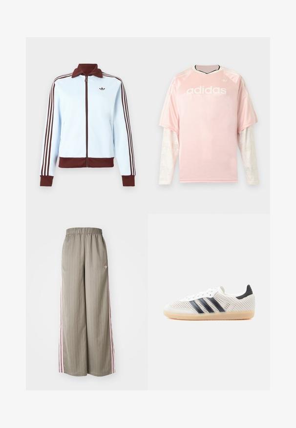 Lyseblå lynlåstrøje med brun krave, manchetter, kant og tre brune striber ned ad hver ærme, med en lille brun logo på brystet.; Lyserød Adidas langærmet trøje med hvide mønstrede mesh-ærmer og Adidas-logo på brystet mod en grå baggrund.; Lyse olivengrønne bløde bukser med brede ben og lodrette striber, elastisk talje og lyserøde sidelister. Har et lille logo på hoften.; Hvide mesh-sneakers med sort tre-stribet design, rundet tå og gummisål. Har blød hælkant og snørelukning.