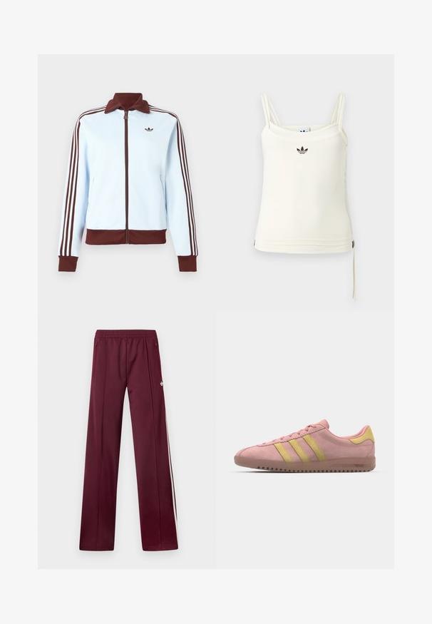 Chaqueta azul claro con cremallera, con cuello, puños y dobladillo marrones, y tres franjas marrones en cada manga, con un pequeño logo marrón en el pecho.; Camiseta sin mangas color crema con tirantes finos; logotipo de Adidas en negro en el pecho. Tela suave con detalle de cordón en el dobladillo. Diseño sencillo.; Pantalones deportivos burdeos con cinturilla elástica, bolsillos laterales con cremallera, rayas blancas a los lados y un pequeño logotipo blanco de Adidas en el muslo derecho.; Zapatilla de ante rosa con tres franjas amarillas, puntera redondeada y suela de goma texturizada. Diseño de perfil bajo con un collar acolchado.