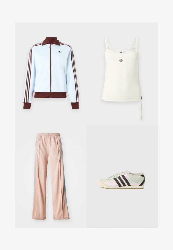 Lichtblauwe jas met ritssluiting, bruine kraag, manchetten en zoom, en drie bruine strepen langs elke mouw, met een klein bruin logo op de borst.; Roomkleurig tanktop met dunne bandjes; Adidas-logo in zwart op de borst. Glad stof met een koorddetail aan de zoom. Eenvoudig ontwerp.; Lichtroze sportbroek met een ontspannen pasvorm, voorzien van blauwe zijstrepen en een trekkoord in de taille. Gemaakt van soepel, lichtgewicht materiaal.; Lage sneaker met een glanzende mintgroene bovenkant, drie zwarte strepen en een gestructureerde, crèmekleurige rubberen zool. Minimalistisch ontwerp met logodetail.