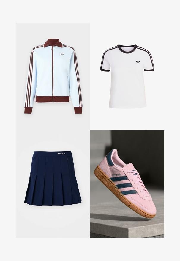 Lichtblauwe jas met ritssluiting, bruine kraag, manchetten en zoom, en drie bruine strepen langs elke mouw, met een klein bruin logo op de borst.; Wit T-shirt met korte mouwen en zwarte accenten, voorzien van een ronde hals en drie zwarte strepen op elke schouder. Klein zwart logo op de borst.; Marineblauwe plooienrok van lichtgewicht stof; heeft een elastische tailleband en een klein zipvak, met een wit Adidas-logo op de voorkant.; Lichtroze suède sneaker met marineblauwe drie strepen, rubberen zool en lichtroze veters. Heeft het "SPEZIAL"-logo aan de zijkant.