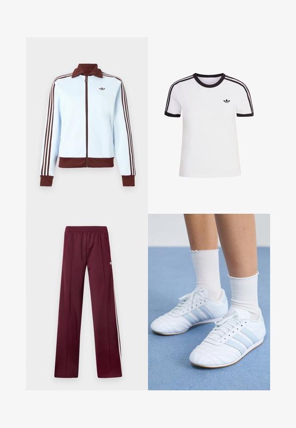 Svetlomodrá bunda na zips s hnedým golierom, manžetami, lemom a tromi hnedými prúžkami po celej dĺžke každého rukáva, s malým hnedým logom na hrudi.; Biele tričko s krátkym rukávom s čiernymi detailmi, s okrúhlym výstrihom a tromi čiernymi pruhmi na každom ramene. Malé čierne logo na hrudi.; Vínové teplákové nohavice s elastickým pásom, bočnými vreckami na zips, bielymi bočnými pruhmi a malým bielym logom Adidas na pravej stehne.; Biele kožené športové topánky so svetlomodrými pruhmi, textúrovaným špičkou a bielymi ponožkami. Zobrazené na modrom koberci.